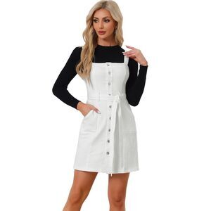 Women's Classic Adjustable Strap A-Line Overall Denim Dress White